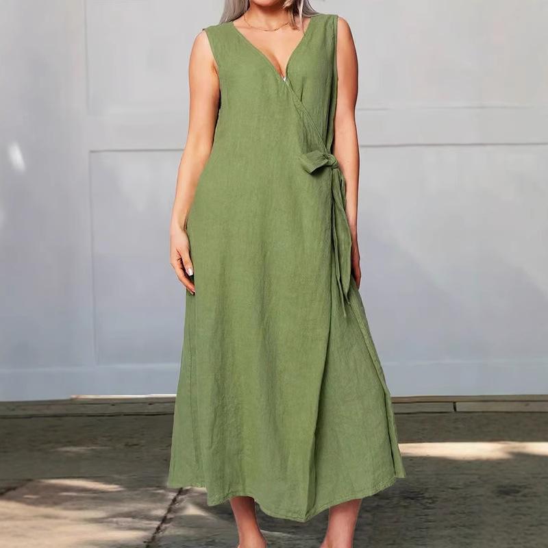 New Solid-color V-neck Side-tied Sleeveless Long Dress for Women