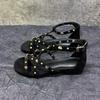 Retro Ethnic Rivet Open Toe Flat Heel Roman Sandals 2025 Summer New Niche Round Toe