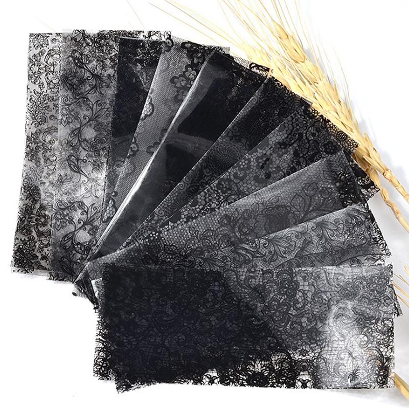 10Pcs Black Lace Nail Art Foils Set Top Floral Charmnail Transfer Sticker Paper