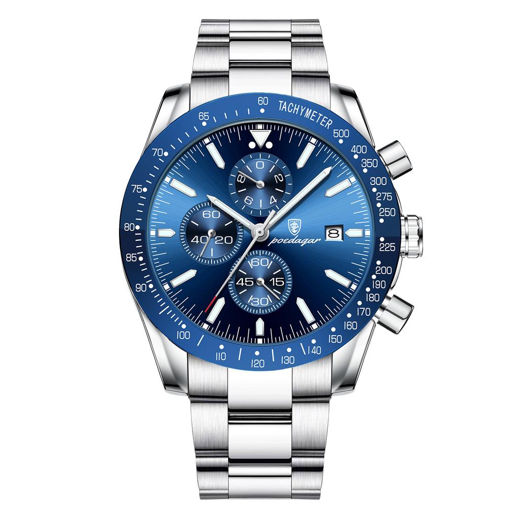 Poedagar 988 Fashion Sport Chronograph Men Watch Waterproof Luminous Stainless Steel Quartz Watches for Men