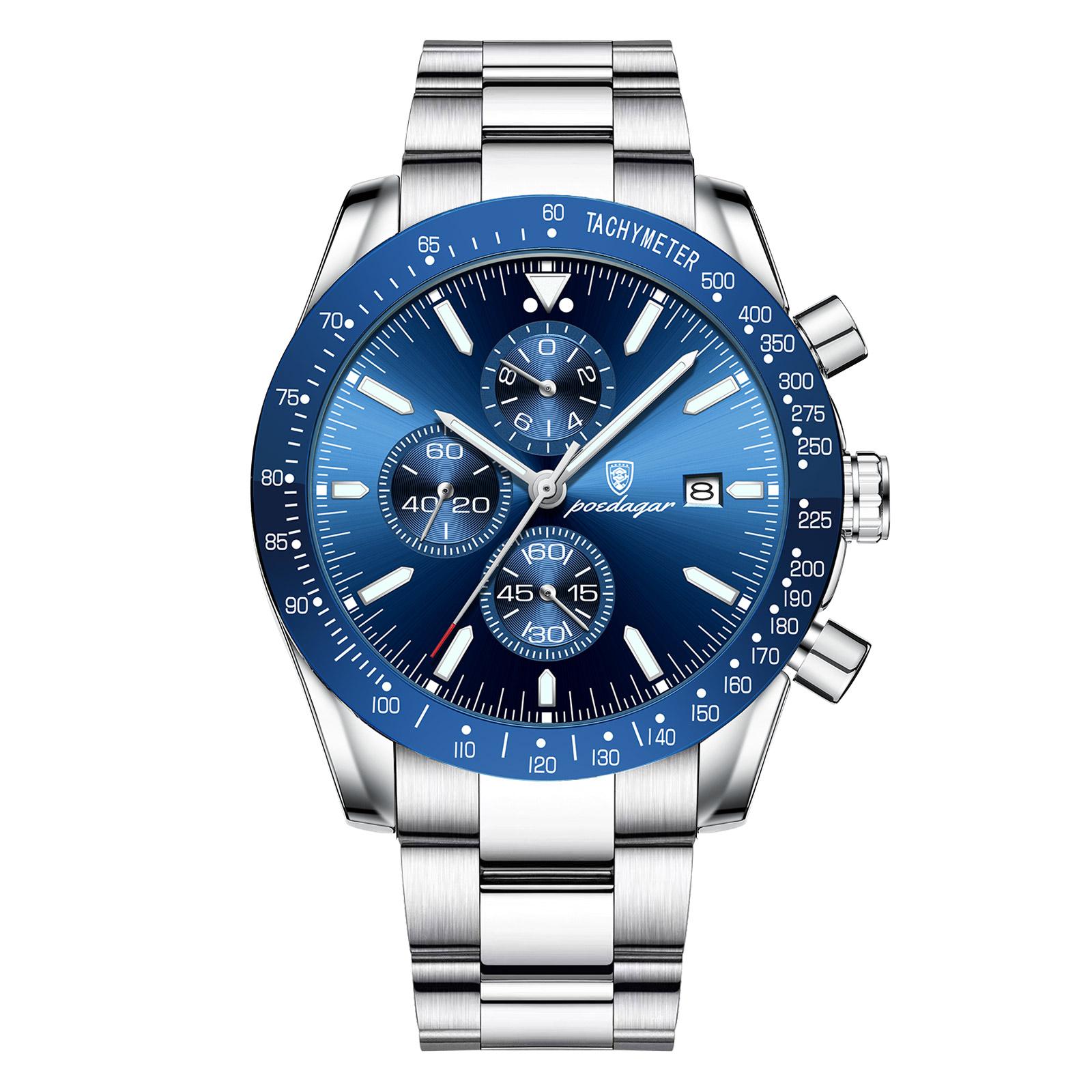 

POEDAGAR Luxury Man Watch Chronograph Waterproof Luminous Date Quartz Wristwatch Fashion Sport Stainless Steel Watches срібний/синій