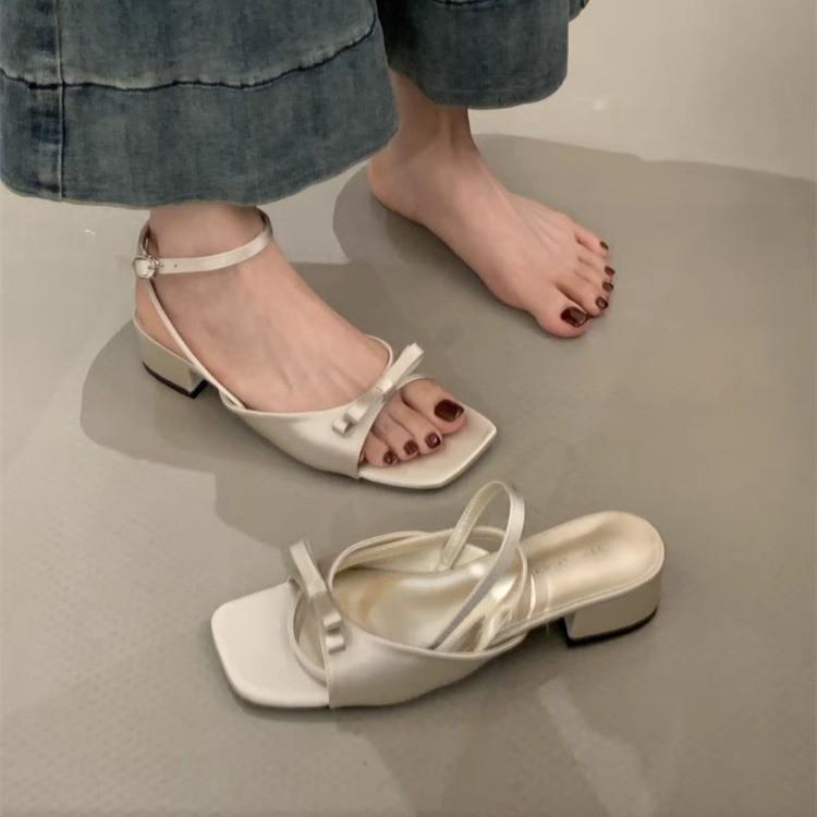 With skirt fairy style bow word with open toe sandals women summer 2025 new French stunning high heels