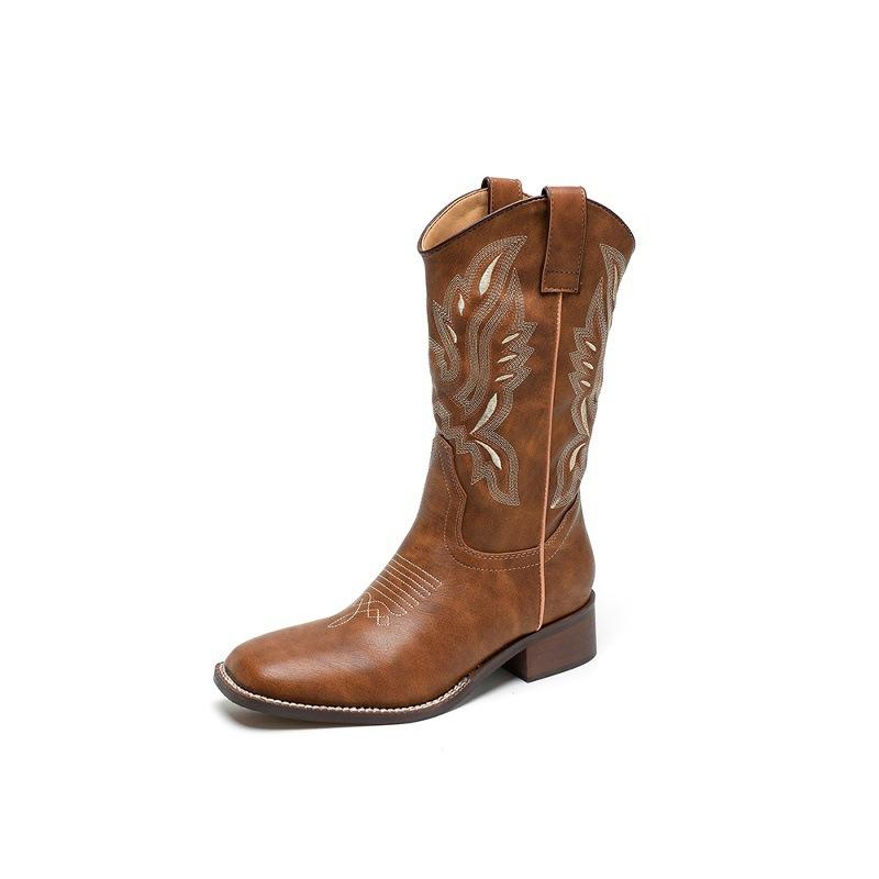Wersja ze skóry bydlęcej~ Oryginalne skórzane kowbojki w stylu western, damskie haftowane buty rycerskie, buty Chelsea Martin średniej wielkości, buty Maillard