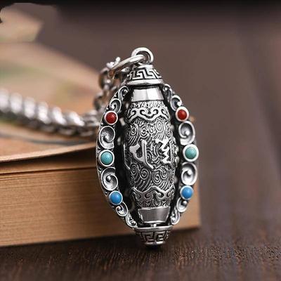 Collier avec mantra à six caractères et pendentif en perle turquoise à neuf yeux pour hommes et femmes, pendentif rotatif rétro