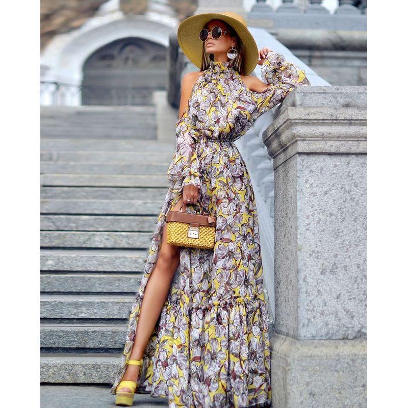 

Women off Shoulder Floral Dress European and American Women Fashion off Shoulder Long sleeve Hanging Neck Dress White XL