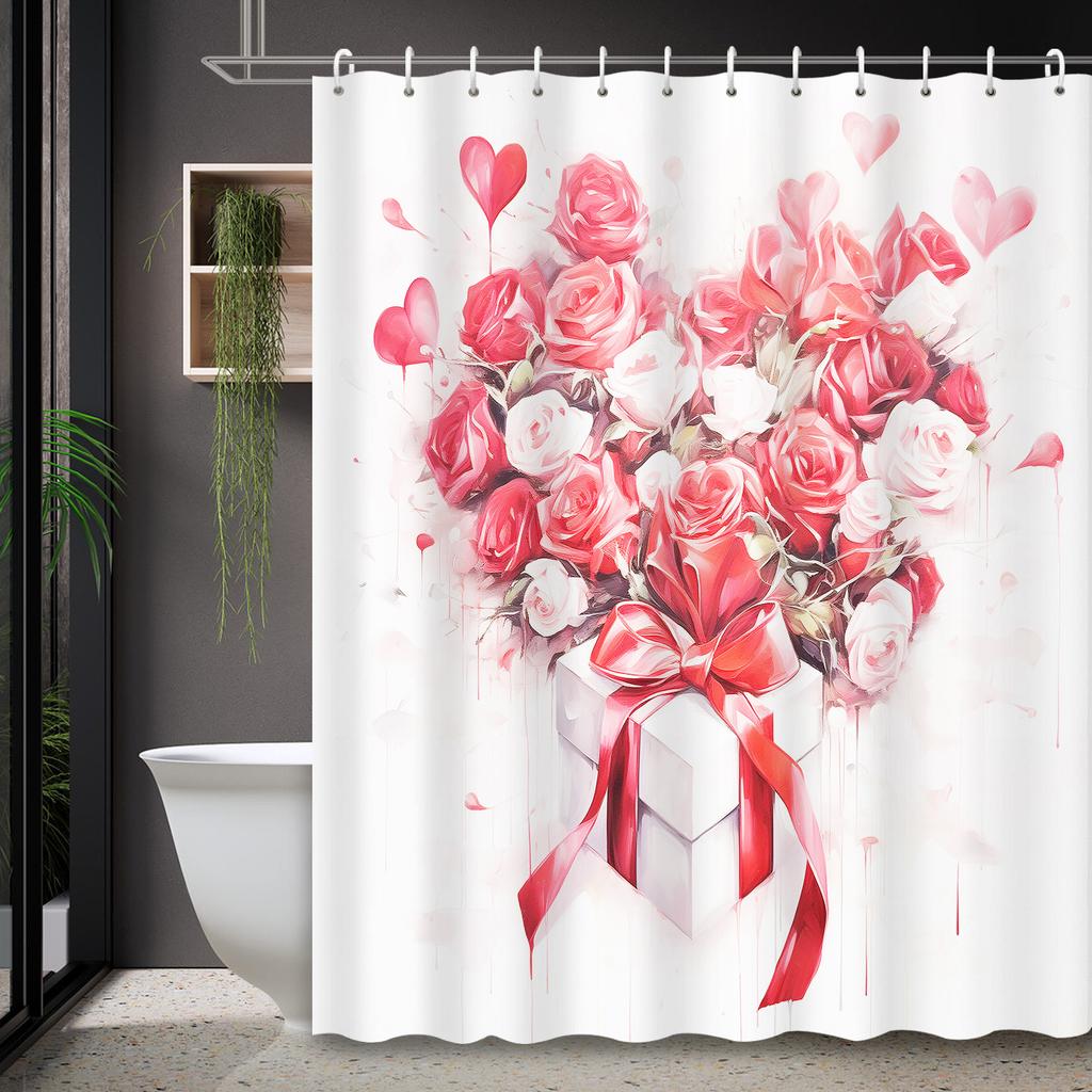 Red Rose Heart Bouquet Shower Curtain with 12 Hooks - Romantic Love Gift, Bathroom Decoration & Home Accessories