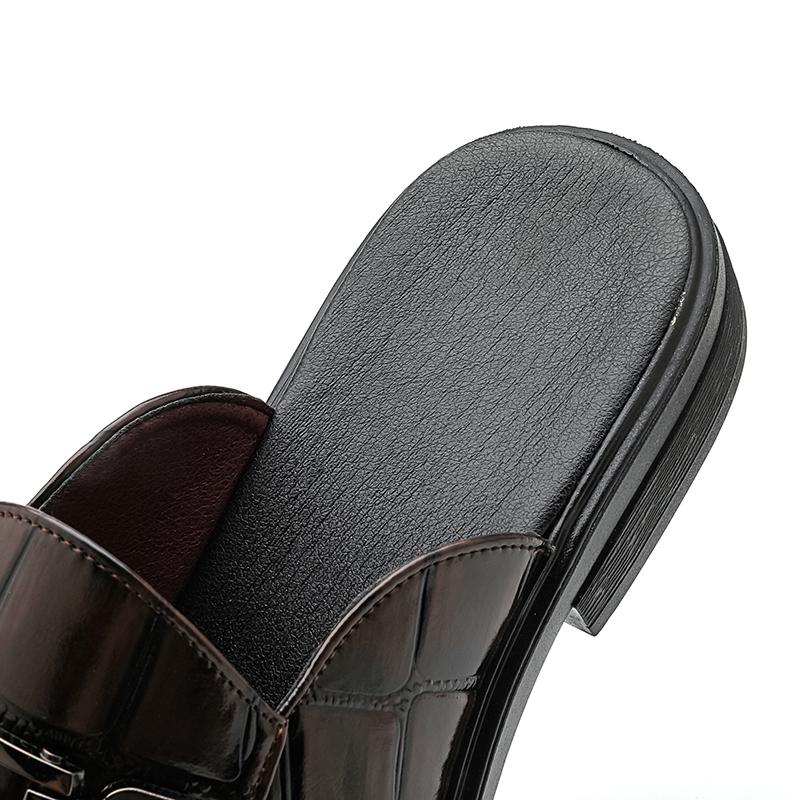 New Men's Black Brown Half Slippers Metal Button Patent Leather Shoes Male Casual Mules Moccasins Breathable Loafers