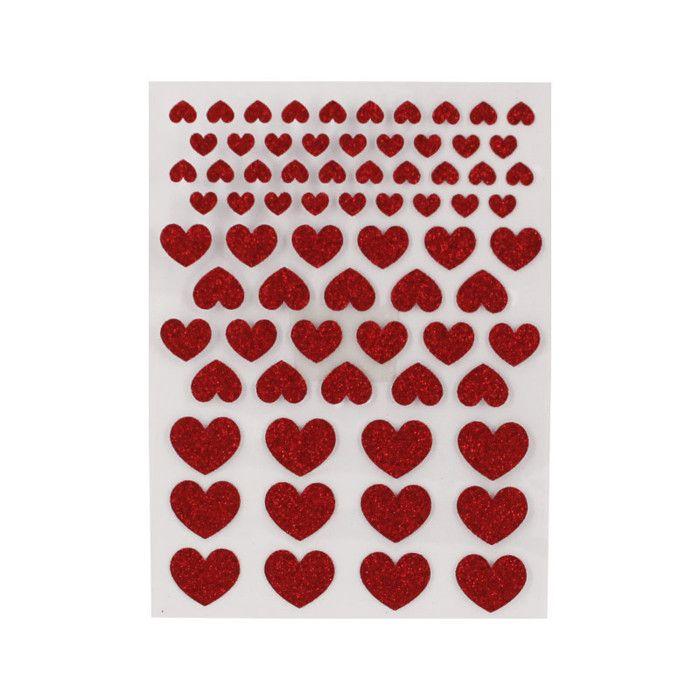 Stickers - Cœurs rouges avec des paillettes - Assortiment - 72 unités