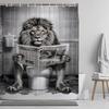 Funny Lion Shower Curtain, Fancy Humor Leo Animal On Toilet Shower Curtains Set, Black and White Funky Shower Curtains