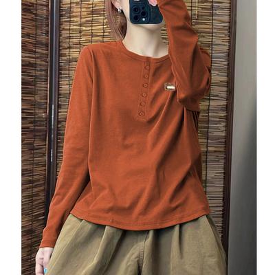 Casual Onderhemd met Lange Mouwen Nieuwe Herfstkleding Eenvoudige Koreaanse Mode Losse T-shirt met Knoopsluiting voor Dames