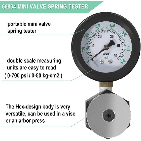 Valve Spring Pressure Tester Gauge #66834,Double Scale Measuring Units Are Easy To Read, Measuring Range 0-700 Psi / 0-50 Kg-cm2