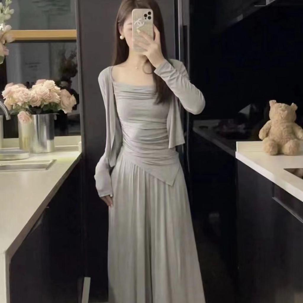 Lazy Casual Suit Women's Spring and Autumn New Irregular Suspenders Cardigan High Waist Floor Pants Show Thin Temperament Three-piece Set