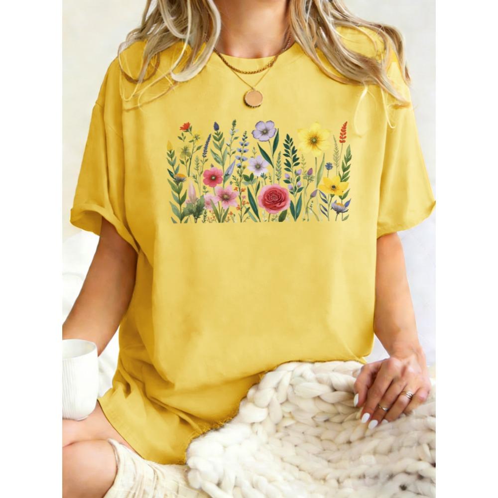 Rich Colors Simple Flowers Pattern Womens T Shirts Loose Cotton T-Shirt Summer O-Neck Short Sleeve Breathable Casual