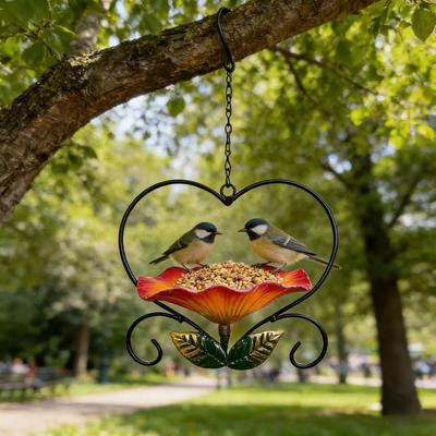 Heart-Shaped Wrought Iron Bird Feeder - Outdoor Garden Hanging Decor for Parrots and Birds