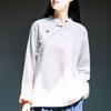 Camicia Retro Cinese a Maniche Lunghe da Donna Primavera e Autunno Ampia Colletto alla Coreana Top con Bottoni a Piatto per Servizio da Tè