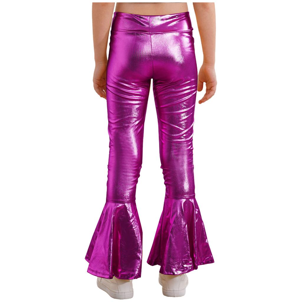 Girls Performance Pants Elastic Waistband Bronzing Cloth High Waist Design Ruffle Hem Bell Bottom