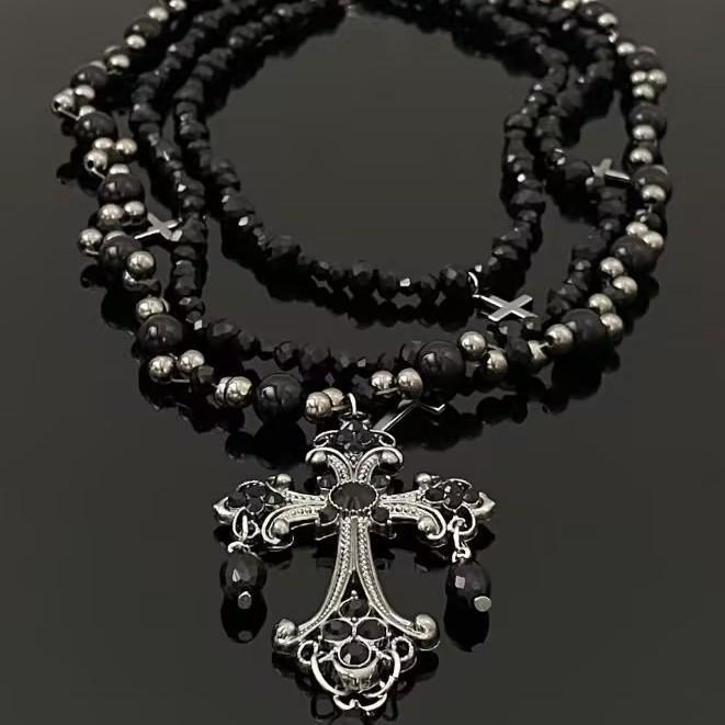 Dark Gothic cross fringed necklace multi-layered beaded necklace fashionable Spice Girl necklace