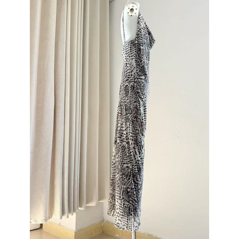 Out of Russia Foreign Trade Order Women Clothes Chiffon Python Pattern Swing Collar Sling Dress