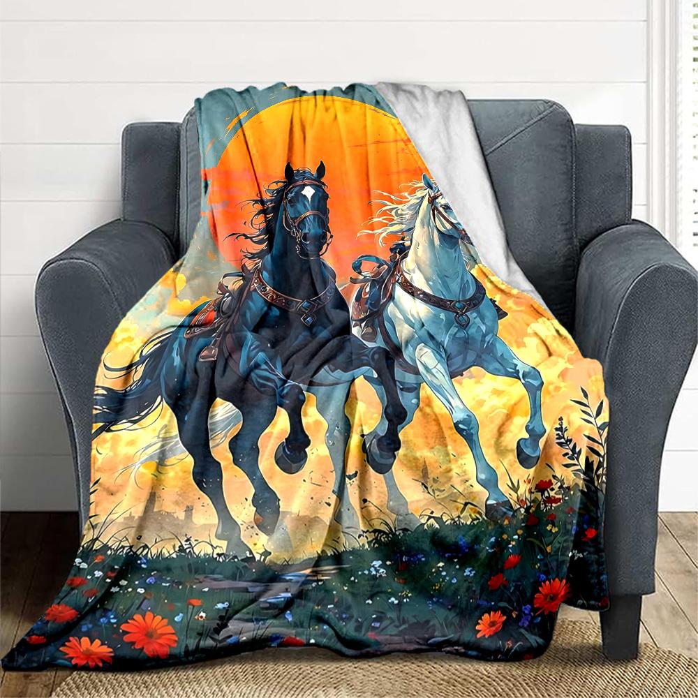 1pc Horse Sunset Blanket, Lightweight Flannel Throw Blanket for Sofa, Bed, Travel, Camping, Living Room, Office, Couch, Chair, and Bed
