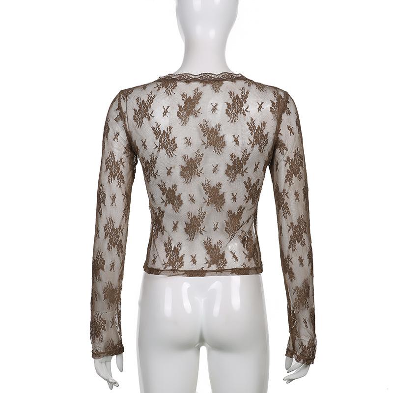 Bluză din dantelă din plasă pentru femei de vară cu mânecă lungă în perspectivă subțire Top guler în V Cardigane din dantelă Cămașă Crop tops