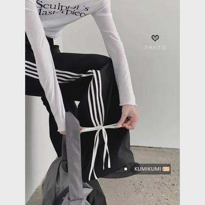 Women's Black Wide-Leg Sports Pants with Bow Design - Early Spring Casual, Loose Fit