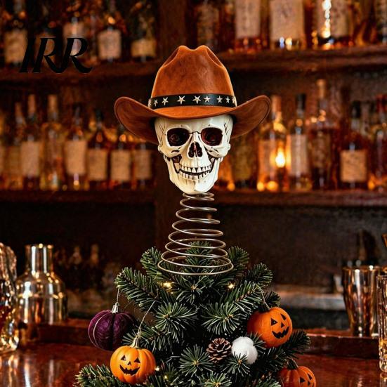 Unique Skull Tabletop Figurine Gothic Tree Topper with Cowboy Hat, Vintage Western Creative Holiday Skeleton Ornament for Halloween, Spooky Christmas