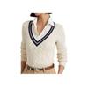 Polo Ralph Lauren SS23 Jersey de punto de cable con bloques de color y cuello en V para mujer, jersey color hueso 200902626-001