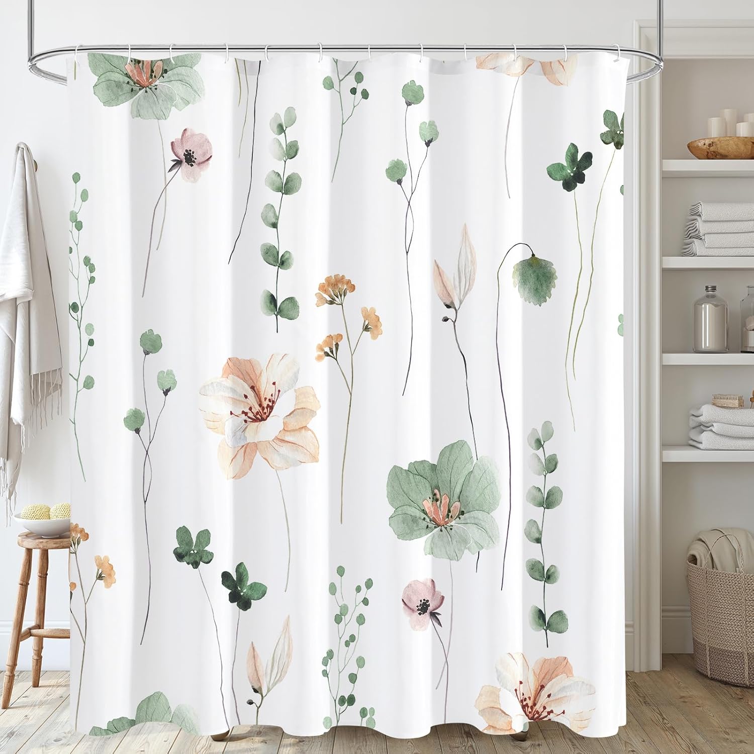 

Sage Green & Beige Watercolor Floral Shower Curtain – Modern Minimalist Design, Elegant Bathroom Decor 12Pcs Hooks 71X71Inch W60H190(CM)-1 Pcs
