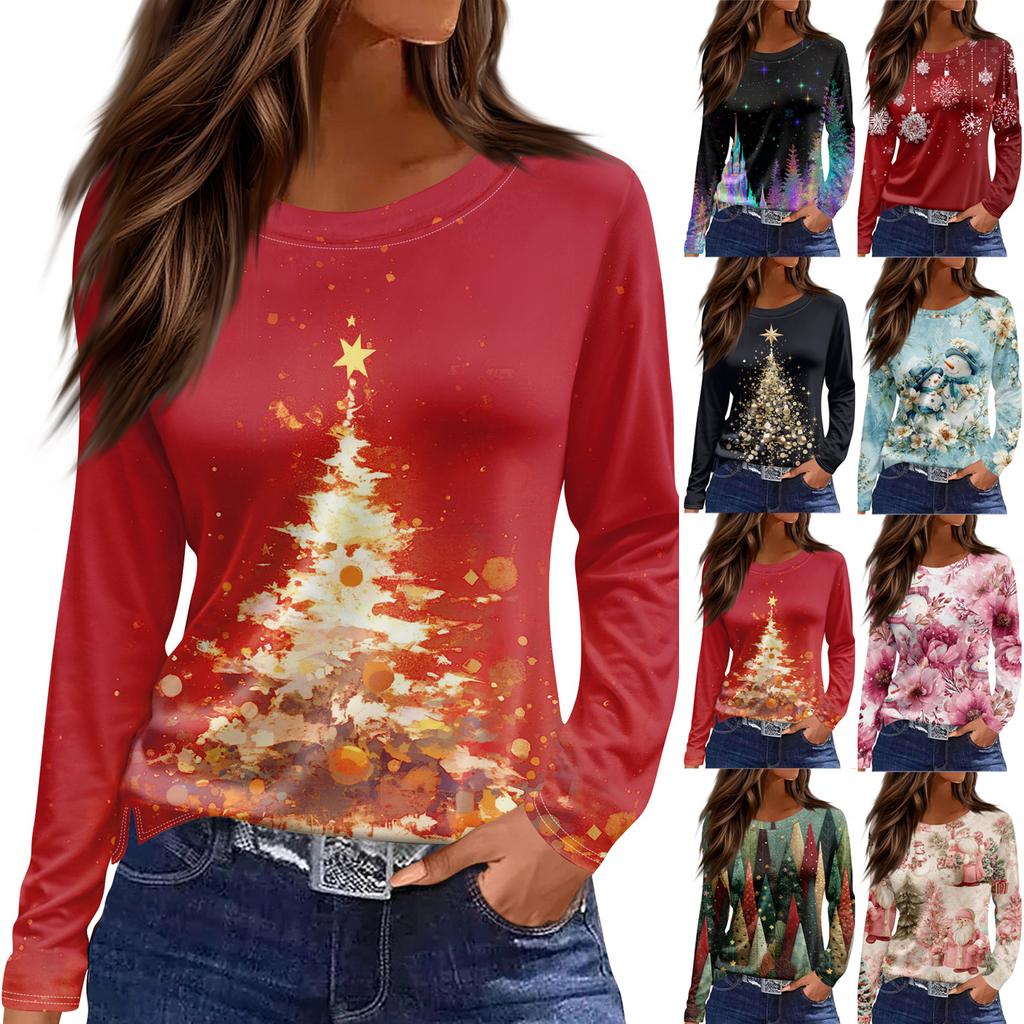 Dámská módní ležérní halenka s rozparkem, kulatým výstřihem, dlouhým rukávem, volná, s potiskem