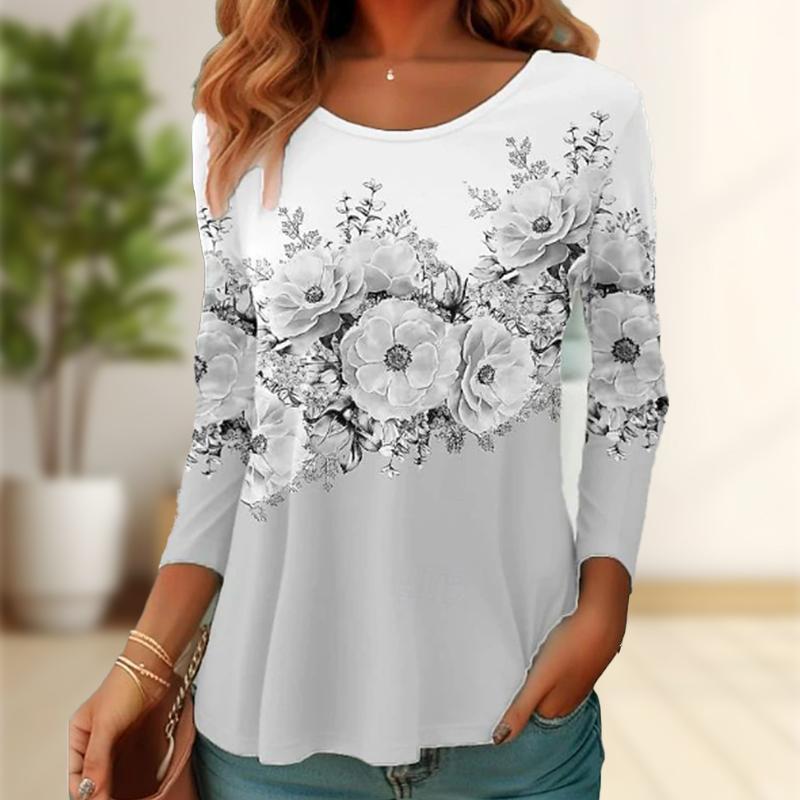 

Топы для женщин с принтом камелии, круглым вырезом и длинным рукавом, футболка, осенний повседневный тонкий пуловер, женский топ с длинным рукавом L серый