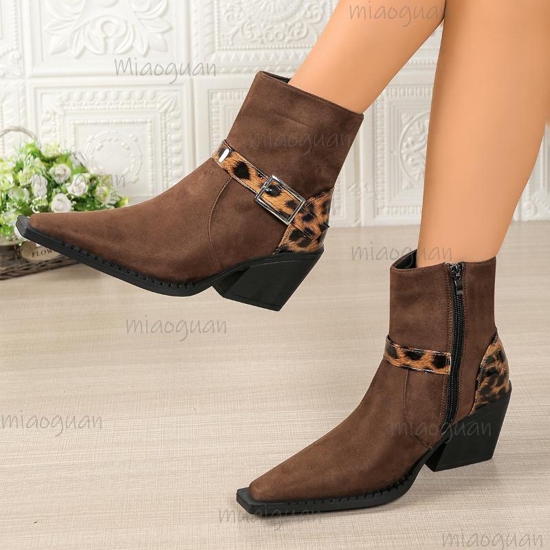 Leopard Print Thick Heel Pointed Toe Buckle Boots for Women Autumn 2025 New Side Zipper Retro High-heeled Short Boots