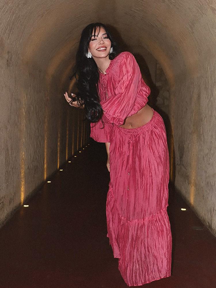 ZA Women's 2025 Spring European & American Style Crinkle Ruffle Stand Collar Short Top and Midi Skirt Set