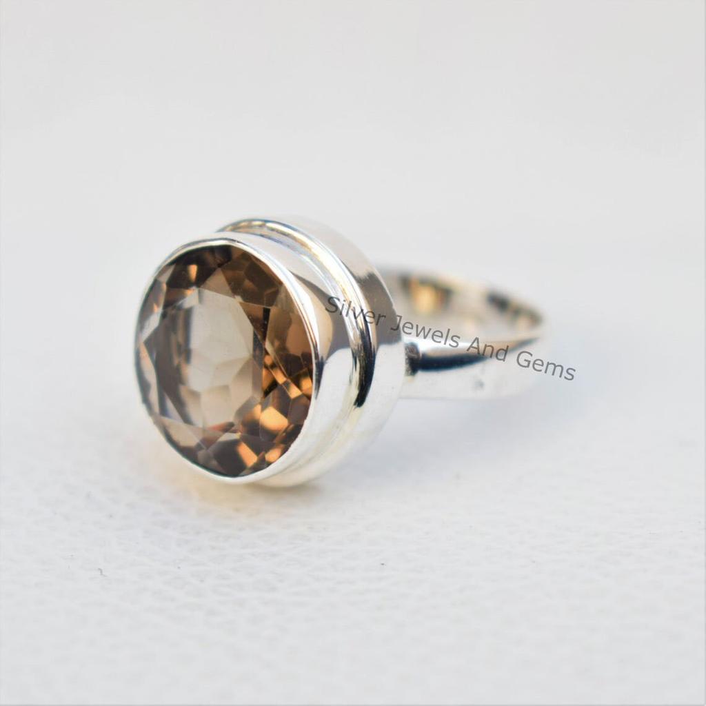 Handmade Round Smoky Quartz Ring: 925 Sterling Silver, Capricorn Birthstone