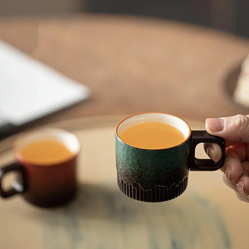 Gradient ceramic tea cup with handle heat resistant coffee cup household hand drawn mini minimalist mug