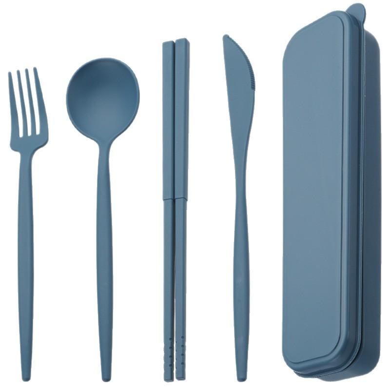 Portable Knife, Fork, Spoon and Chopstick Set for Outdoor Camping. Black Wheat Straw Tableware Set of Four Pieces.
