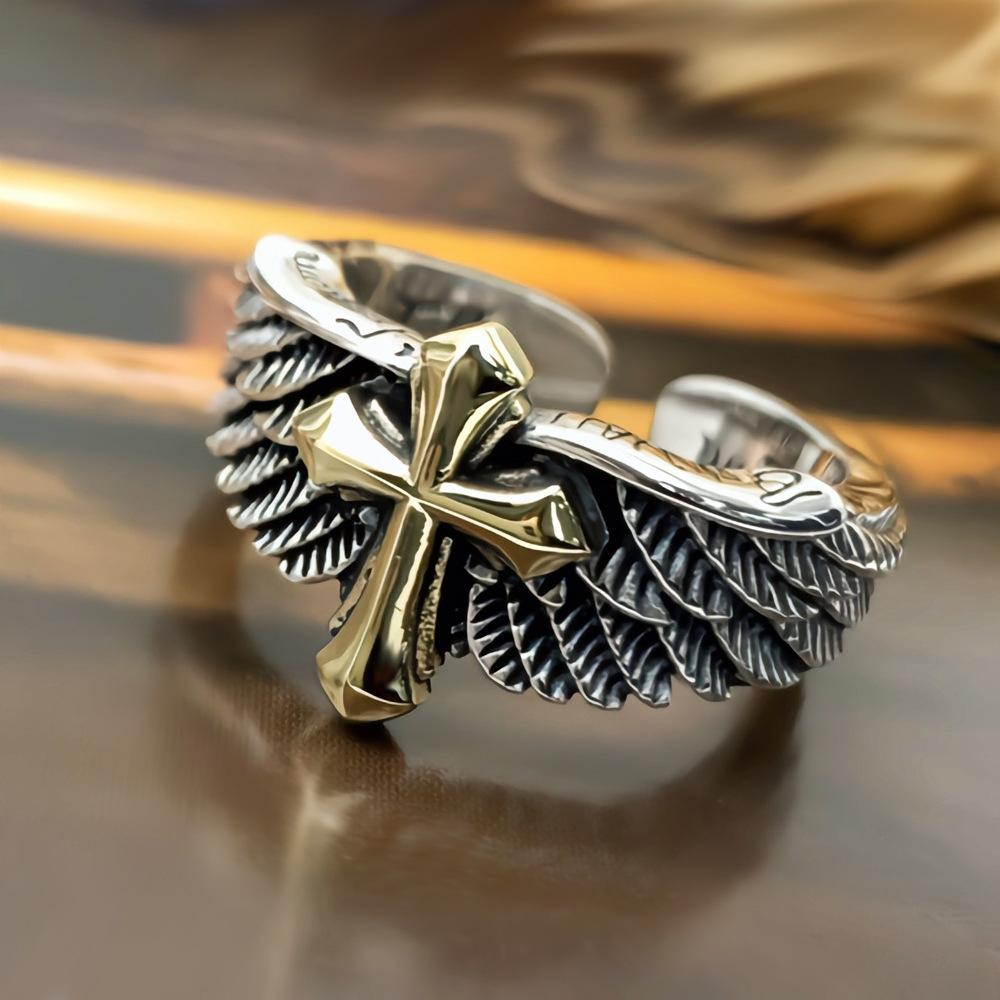 2026 New Arrival Retro Cross Wings Design Thai Silver Unisex Party Ring for Women Men Jewelry Christmas Gifts Never Fade