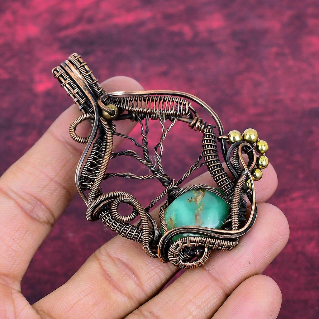 Tree Of Life Chrysoprase Gemstone Pendant Copper Wire Wrapped Handmade Jewelry