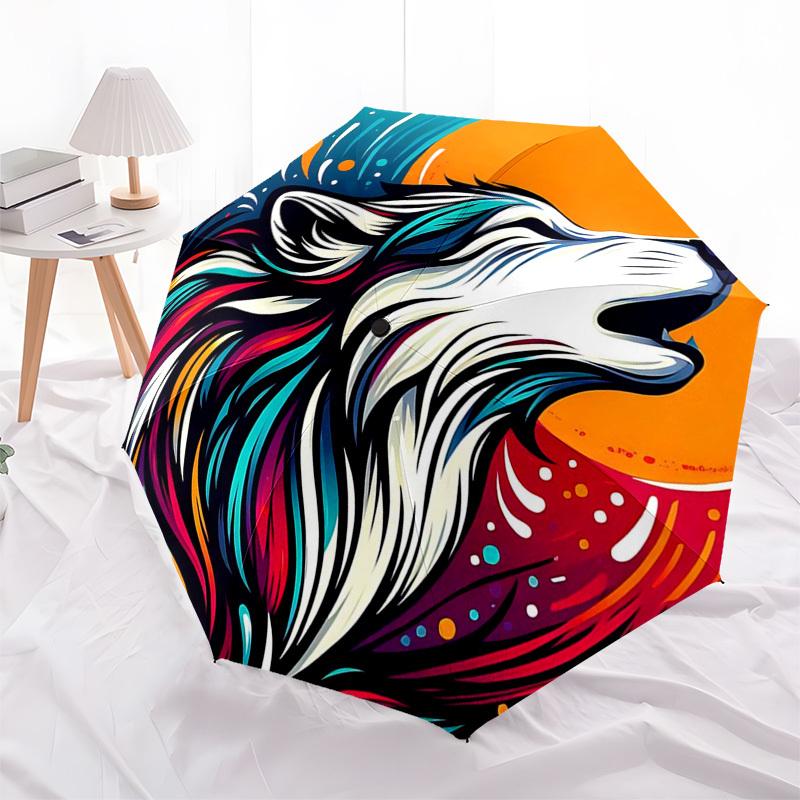 1pc Colorful Wolf Howling Moon Automatic Folding Umbrella - Portable 3-Fold Design, 8-Rib Iron Frame Outdoor Umbrella, Ideal Gift for Fans, Travelers,