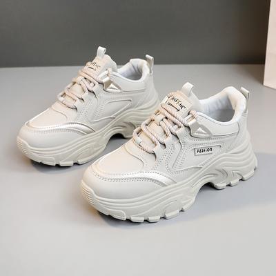 Vår Vita Plattformssneakers för Kvinnor Tjocka Sulor Höjdökande Sportskor Snörning Tjock Botten Vulkaniserade Skor Damer