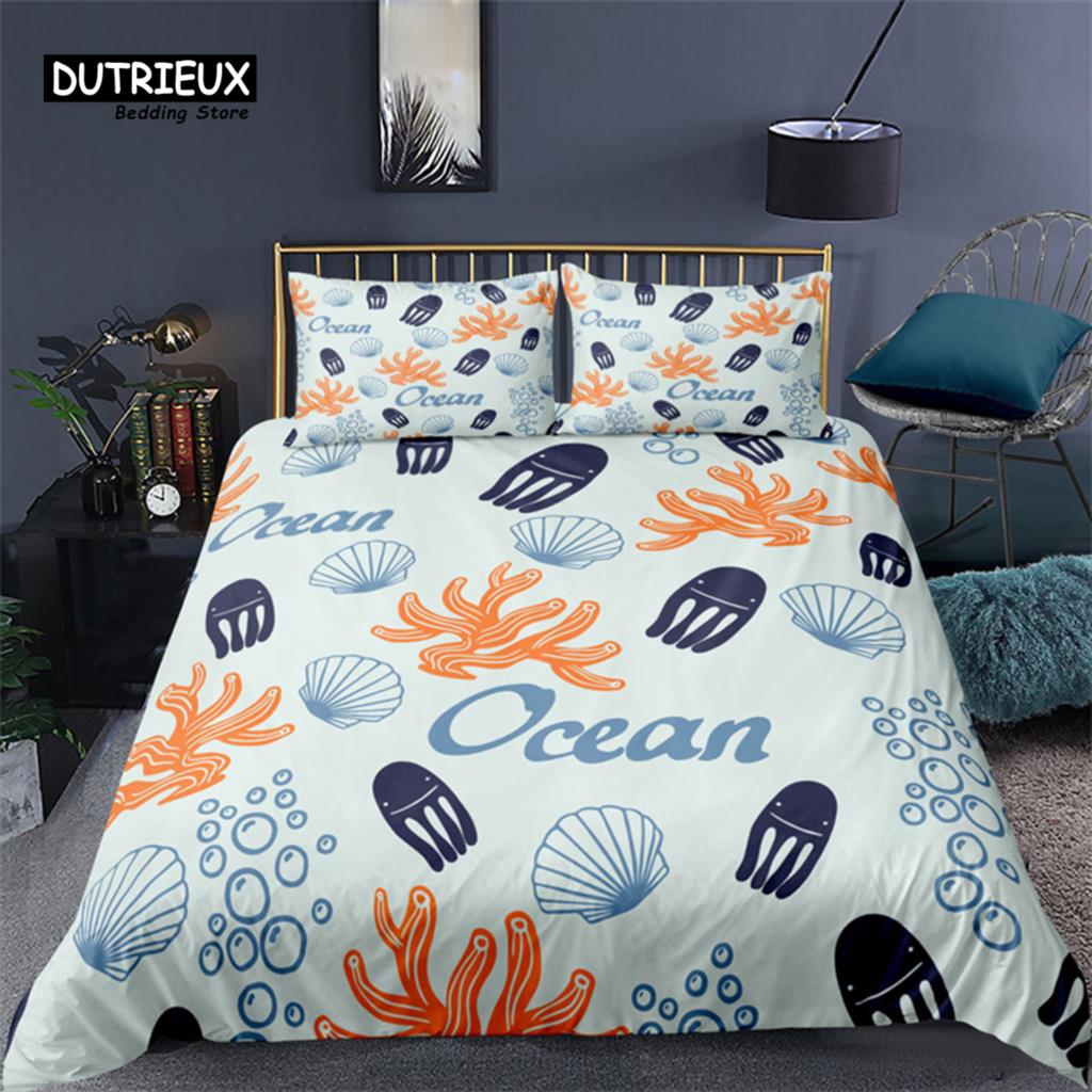 Cartoon Fish Dolphin Turtle Ocean Toddler Bedding Set For Kids Marine Themed Duvet Cover Microfiber Sea Creatures Quilt Cover
