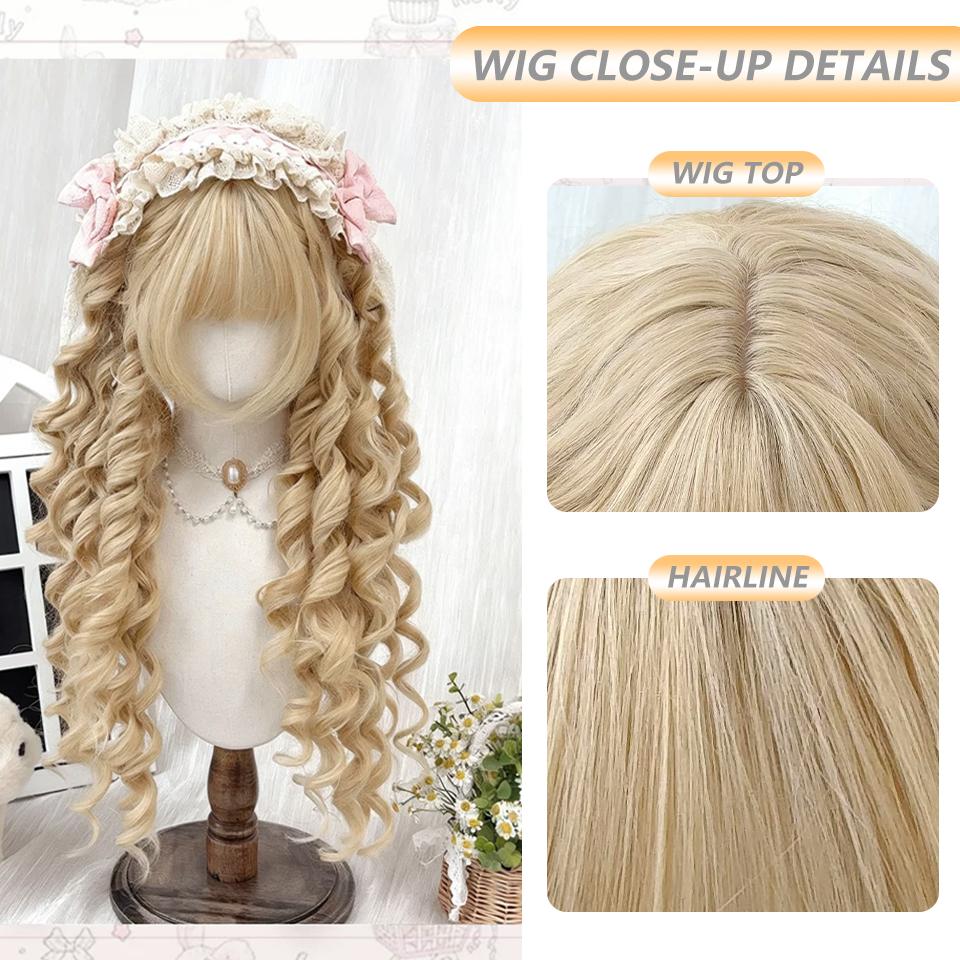 Gold Deep Wavy Lolita Wig with Bangs Synthetic Golden Pink Brown Long Curly Cosplay Natural Wigs for Women Halloween Party Daily