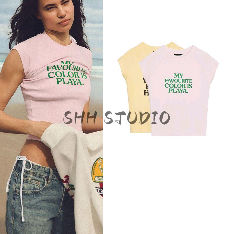 Spring and Summer New Women's Clothing Minimalist Easiest for Match Multi-Color American Printing Super Short Sleeve round Neck T-shirt 0085323