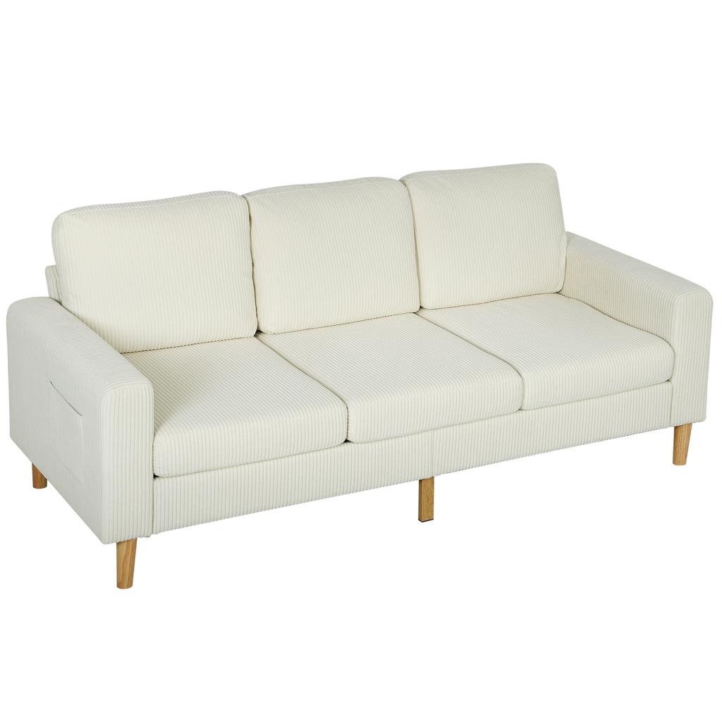 3 Seater Corduroy Velvet Sofa With Spring Cushions And Padded Seat 192x80x84.5cm Beige