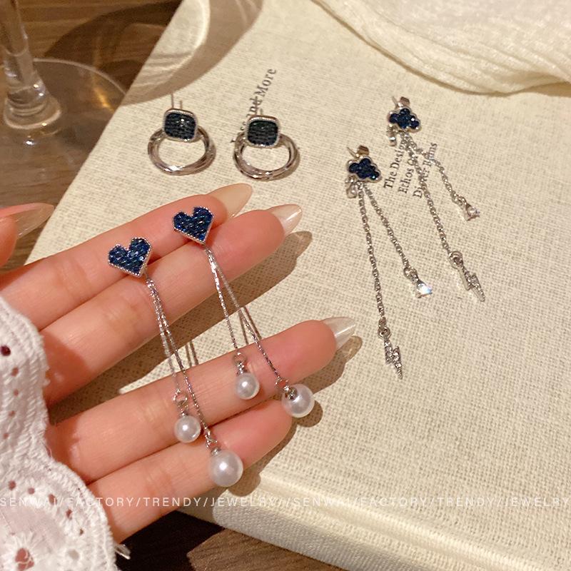Blue sparkling diamond series cloud love earrings women's high-end temperament pearl long fringed stud earrings