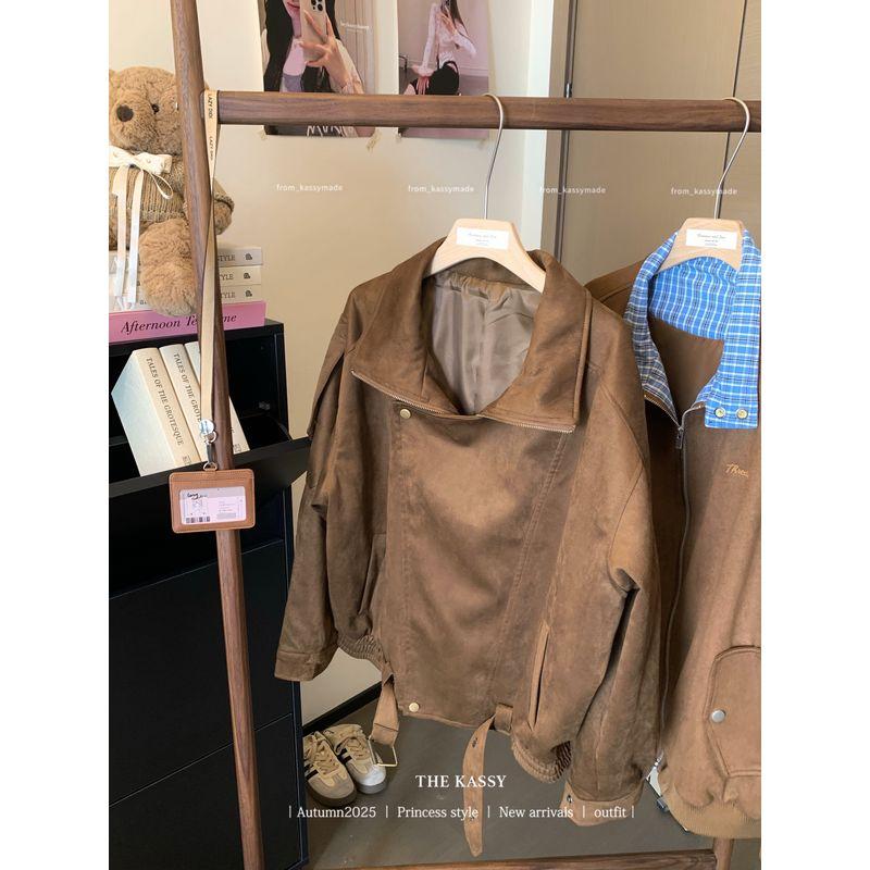 

Kumikumi American vintage Suede Lapel Long sleeve Outerwear Women Autumn Niche Leisure Overfit jacket Top Picture color Outwear L