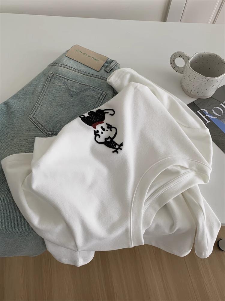 Graues besticktes Welpen Damen Casual Locker Kurzarm T-Shirt, Frühjahr 2025 Kollektion