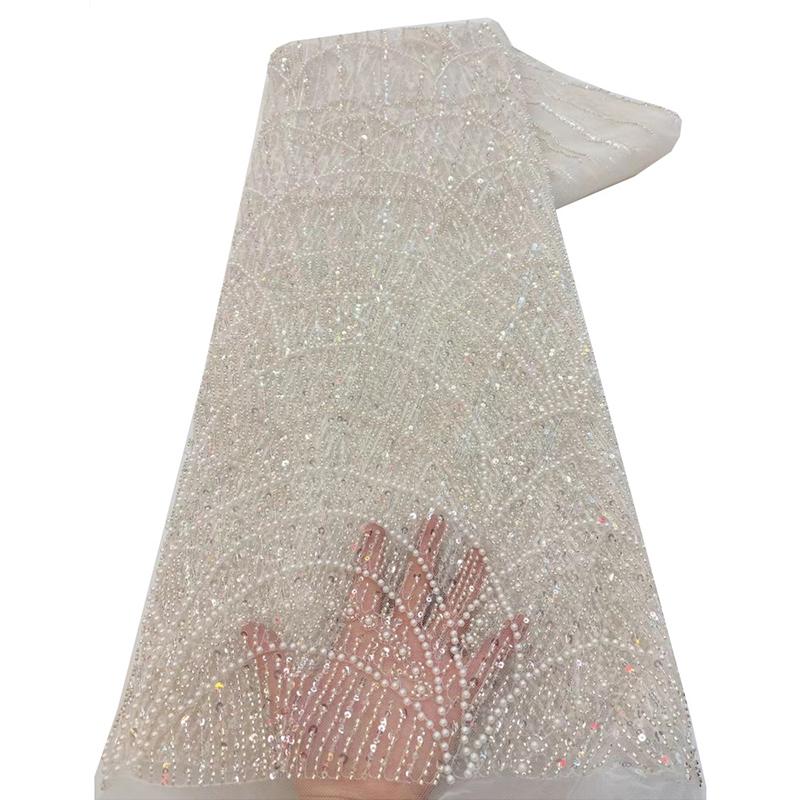 1 Yards African Luxury Beaded Tulle Lace Fabric Nigerian Handmade Heavy Sequin Lace Fabric For Diy Wedding Party Dresses