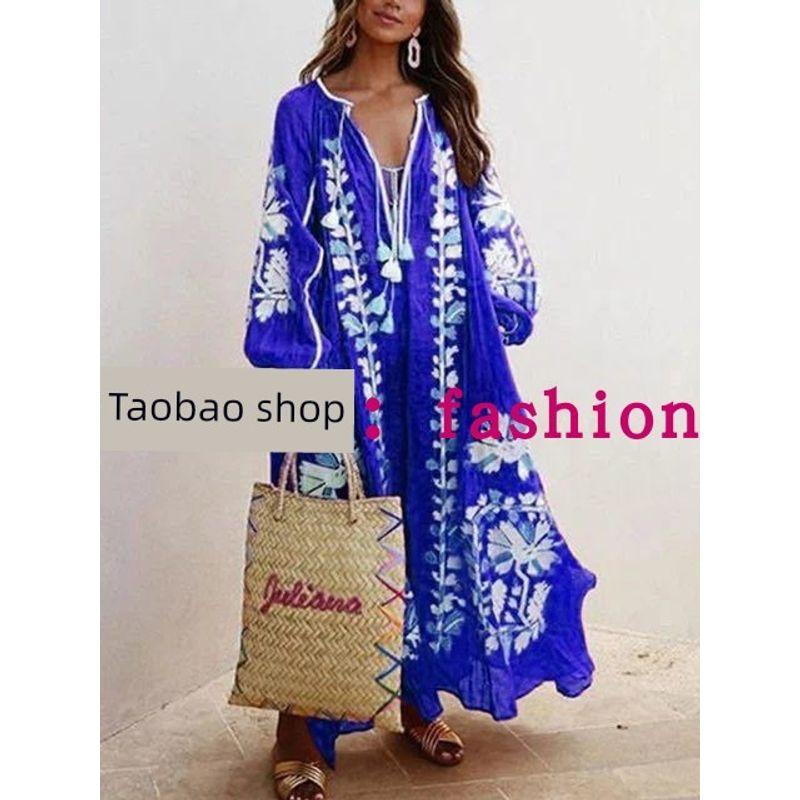 2024 European and American New Women's Clothes Ethnic Embroidery Flower Loose Oversized Long Sleeves Dress Women's Robe