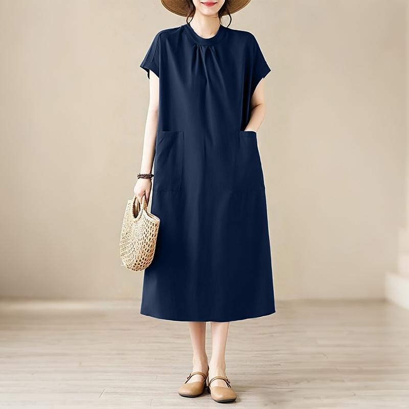 ZANZEA Women Casual Round Neck Solid Color Loose Short Sleeve Dress