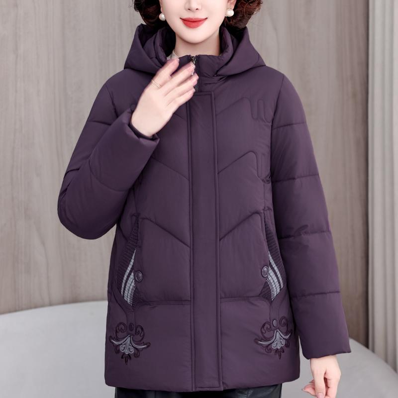 Plus Size XL-5XL Middle Age Woman Winter Coats Hooded Elegant Loose Thick Warm Embroidery Parkas Female Jacket